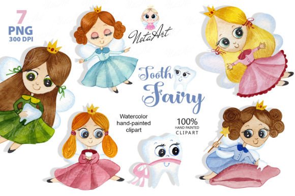 Clipart Tooth Fairies, Watercolor Tooth Illustrations for Playful Branding