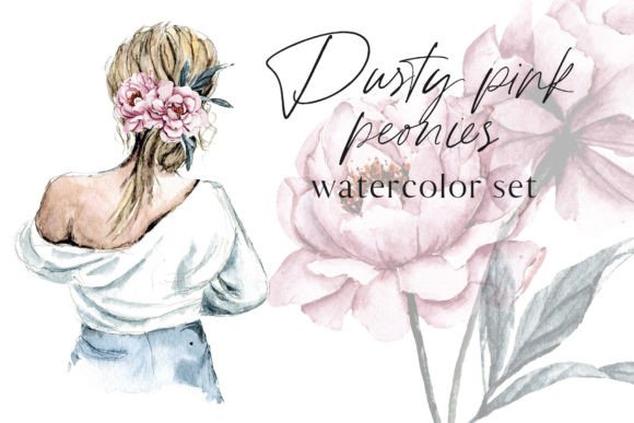 Dusty Pink Peonies Watercolor Set for Illustrations & Digital Selling