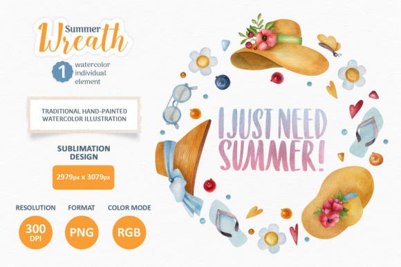 Summer Watercolor Wreath PNG Clipart: A Fresh Illustration for Branding & Marketing