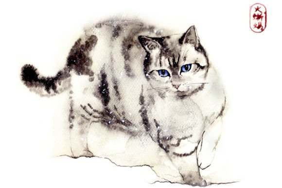 Winter Watercolor Zen Cat Illustration Review for Real Embroidery Projects